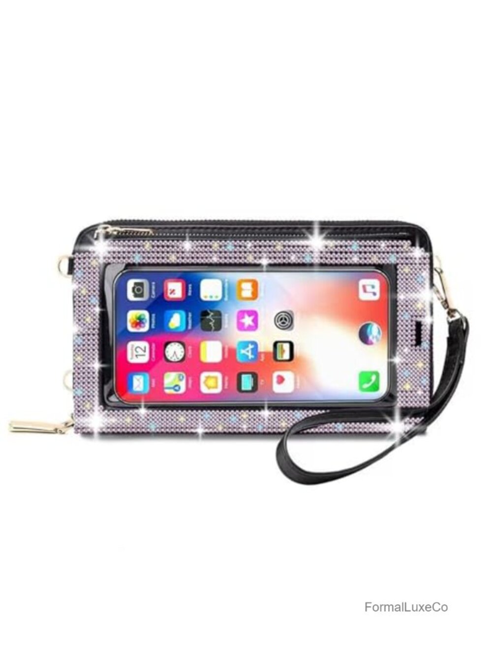 Bling Rhinestone RFID Blocking Touch Screen Phone Bag Womens Wristlet Wallet